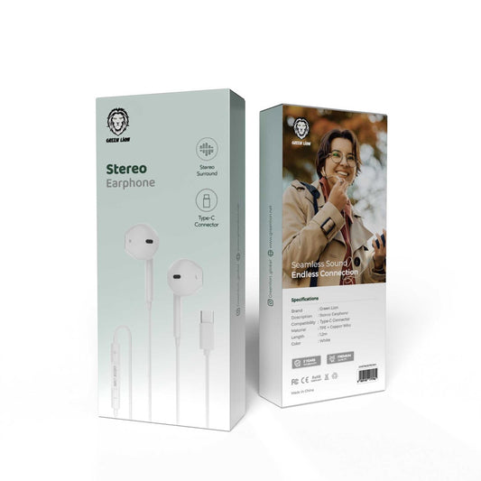 Green Lion Wired Stereo Earphones with Type-C Connector - White