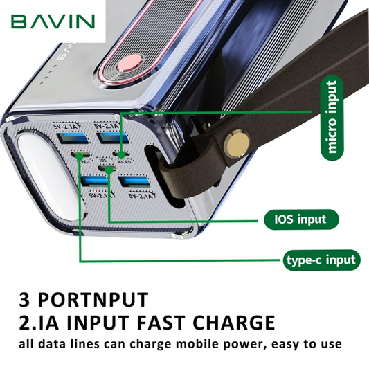 BAVIN PC066 Powerbank 50000mAh Fast Charging Type-C Micro iphone Input with 4 USB Output LED Light Power Bank W/ FlashLight