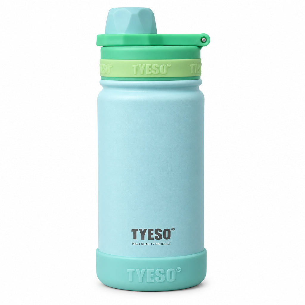 TYESO 420ml Vacuum Insulated Sports Bottle - Double-Wall Stainless Steel Water Thermal Flask with Straw Lid & Anti-Slip Protective Silicone Base for Kids & School