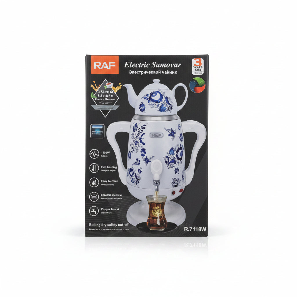 RAF 1800W Electric Samovar Tea Maker Set (R.7118W) - Ceramic Traditional Tea Kettle with Copper Faucet & Boiling Dry Protection