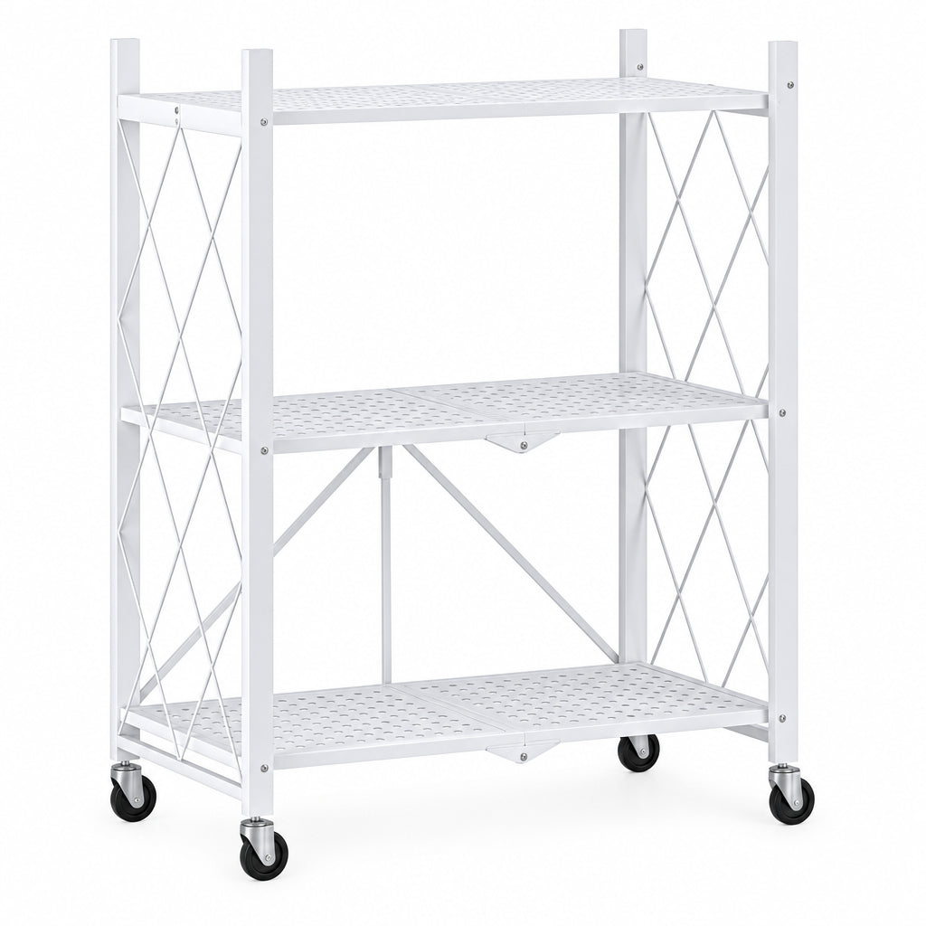 3-Tier Foldable Metal Rolling Storage Cart – White Shelving Unit
