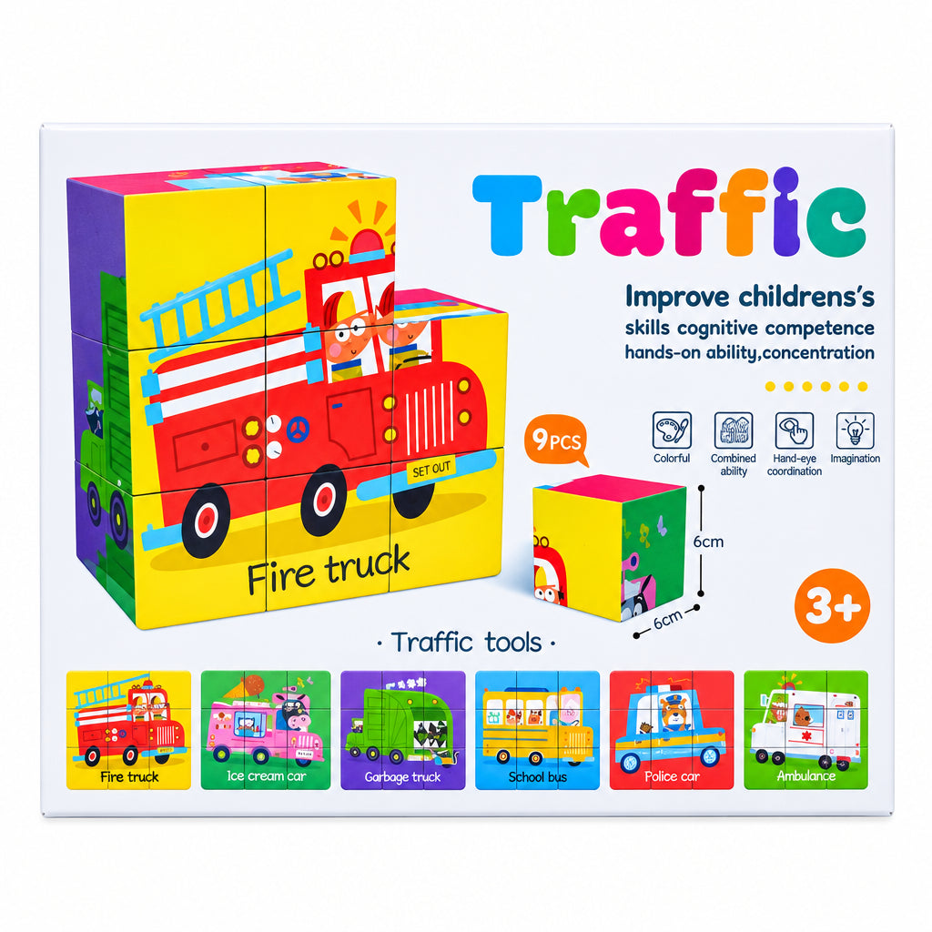 PlayfulMario Traffic 6-in-1 Jigsaw Blocks – 9-Piece Educational Wooden Cube Puzzle