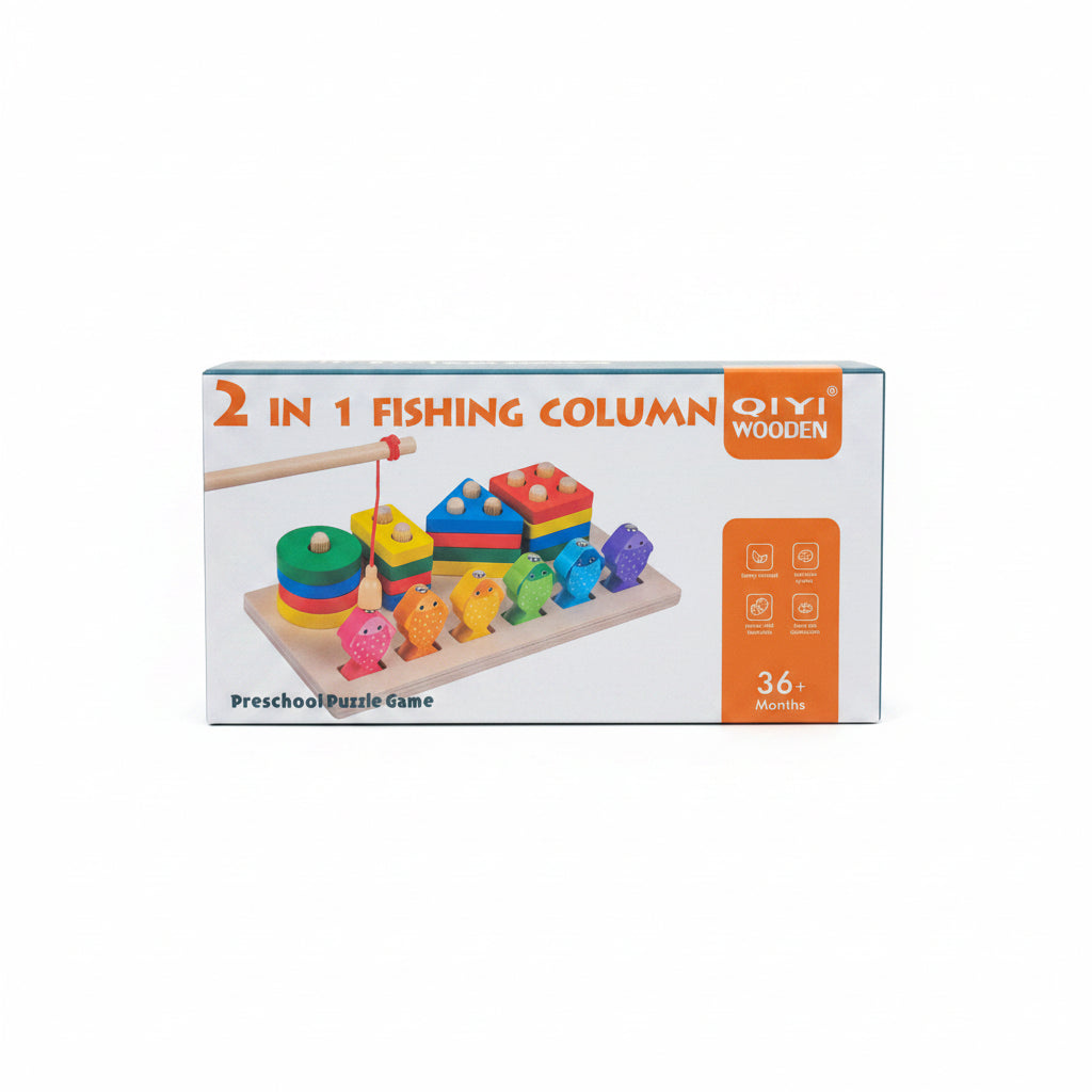QIYI Wooden 2-in-1 Fishing Column Puzzle - Geometric Shape Sorter and Magnetic Fishing Game, Educational STEM Toy for Toddlers & Preschoolers Aged 3+