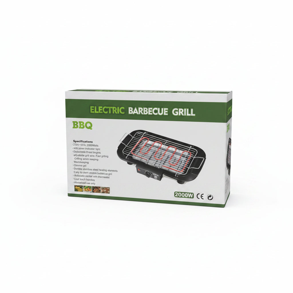 High-Power Electric Smokeless BBQ Grill – 2000W Indoor Countertop Barbecue with Adjustable Thermostat Control, Removable Heating Element, and Chrome-Plated Cooking Grate