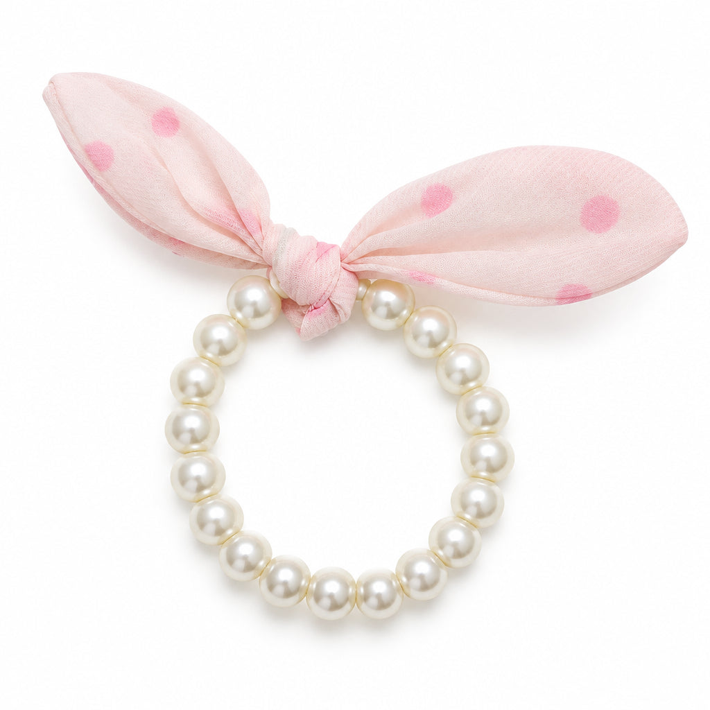 Faux Pearl Beaded Hair Tie with Fabric Bow – Elegant Bunny Ear Scrunchie