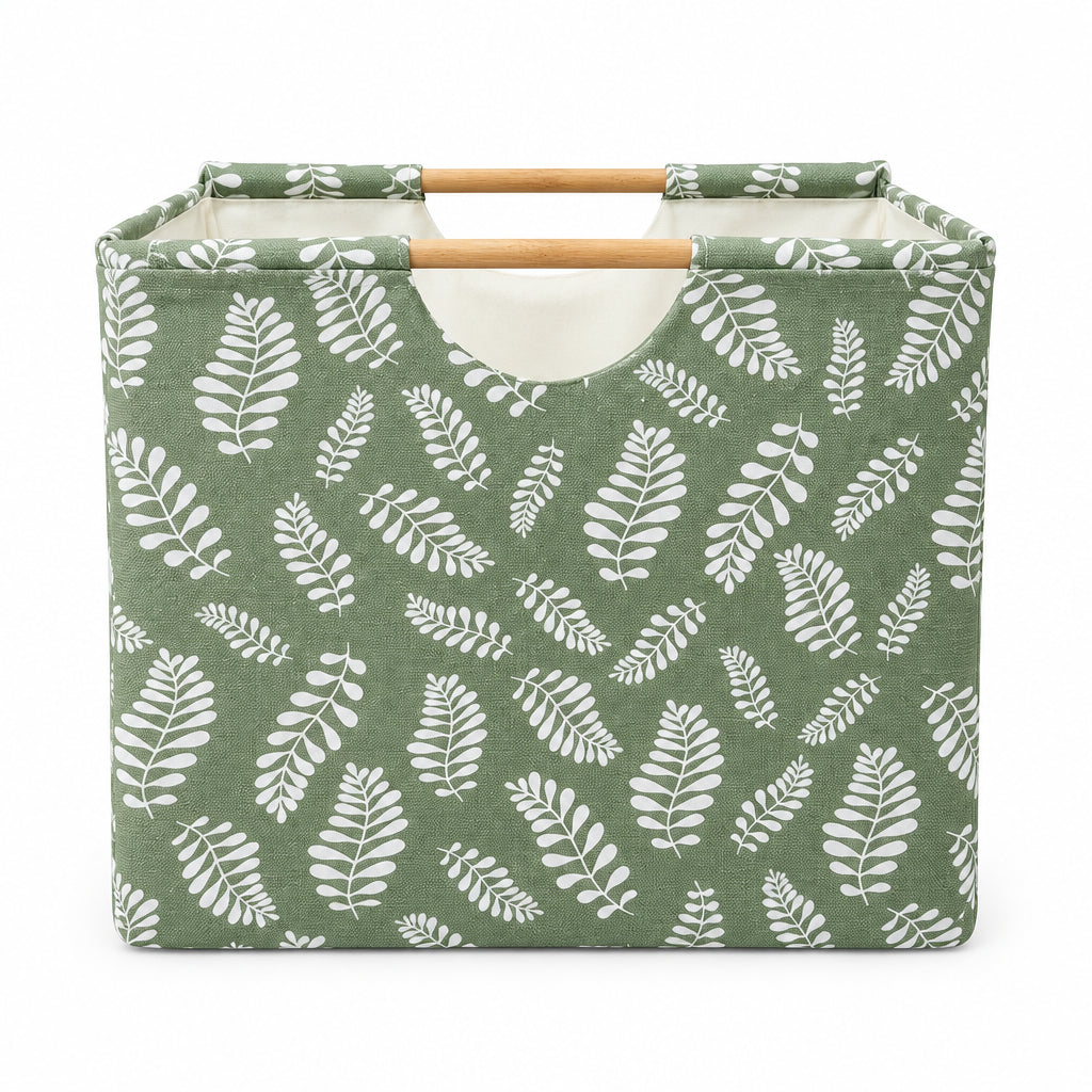 Green Fern Leaf Print Storage Basket – 45L Foldable Fabric Organizer with Wooden Handles