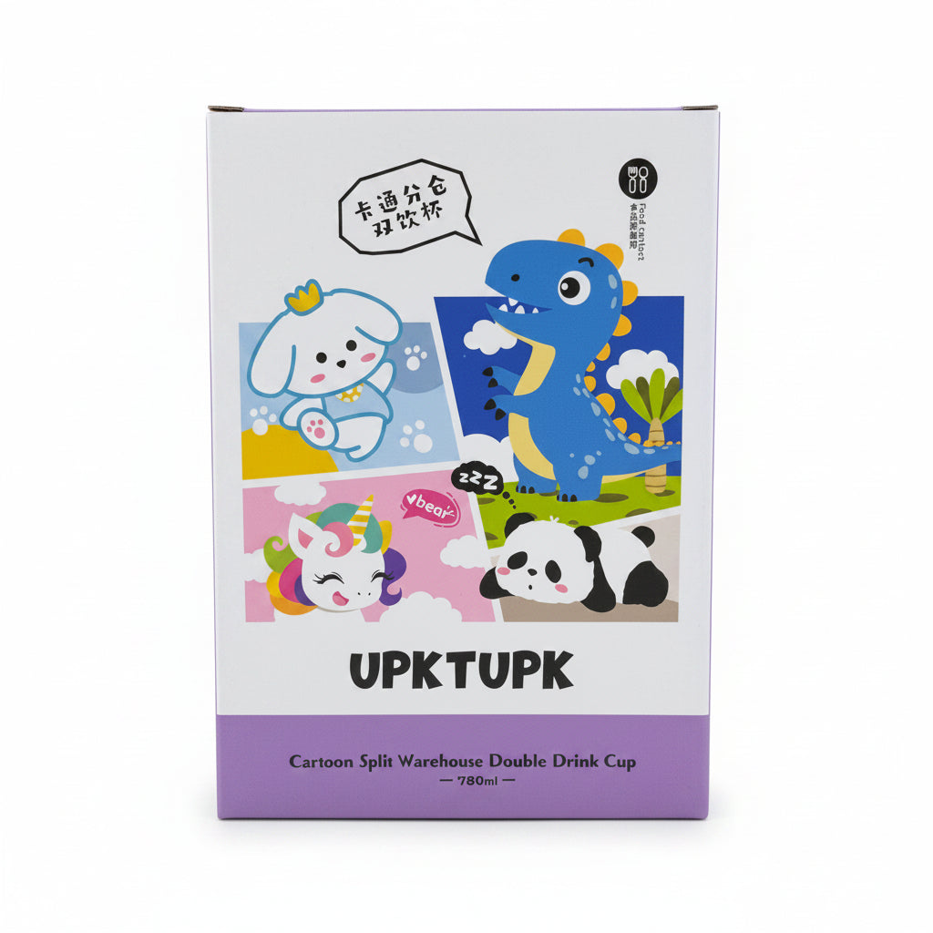 UPKTUPK 780ml Cartoon Split Warehouse Double Drink Cup - 2-in-1 Dual Compartment Water Bottle with Straw for Kids, School, and Travel - White
