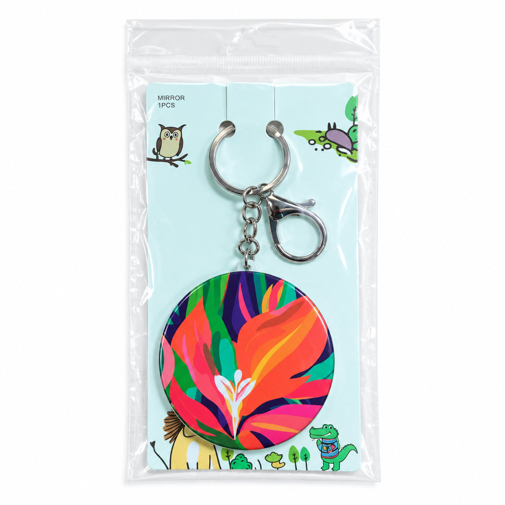 Round Tropical Floral Pocket Mirror Keychain – Compact Portable Makeup Mirror & Handbag Charm