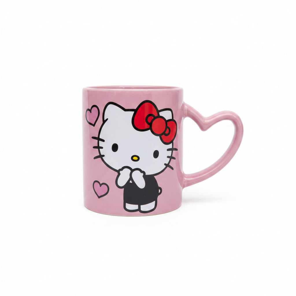 MugCute Pink Ceramic Cartoon Mug with Heart-Shaped Handle – Adorable Coffee and Tea Cup HelloKitty