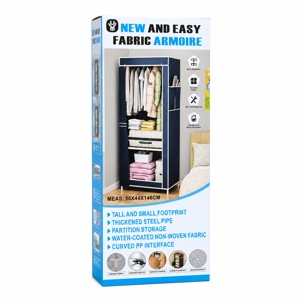 Portable Fabric Armoire – Compact Wardrobe Closet Organizer with Thickened Steel Pipes, Partitioned Storage Shelves, and Water-Coated Non-Woven Cover