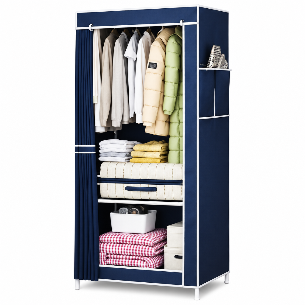 Portable Fabric Armoire – Compact Wardrobe Closet Organizer with Thickened Steel Pipes, Partitioned Storage Shelves, and Water-Coated Non-Woven Cover