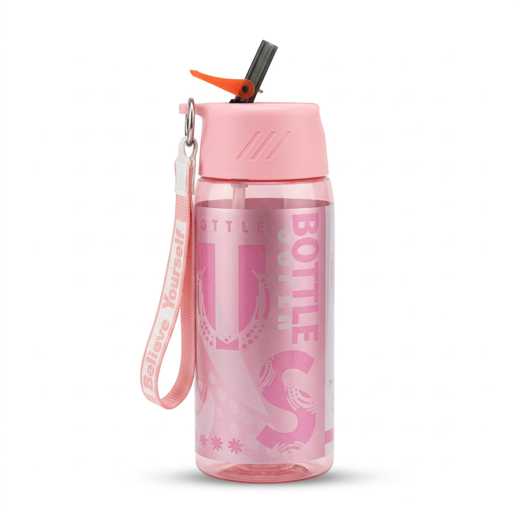 900ml Pink Motivational Water Bottle with Straw & Carrying Strap