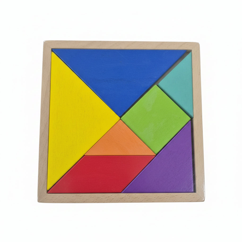 Classic Wooden Tangram Jigsaw Puzzle. Montessori Geometric Shape-Sorting Board & Creative STEM Brain-Teaser for Kids