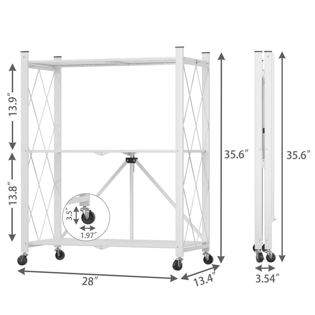 3-Tier Foldable Metal Rolling Storage Cart – White Shelving Unit
