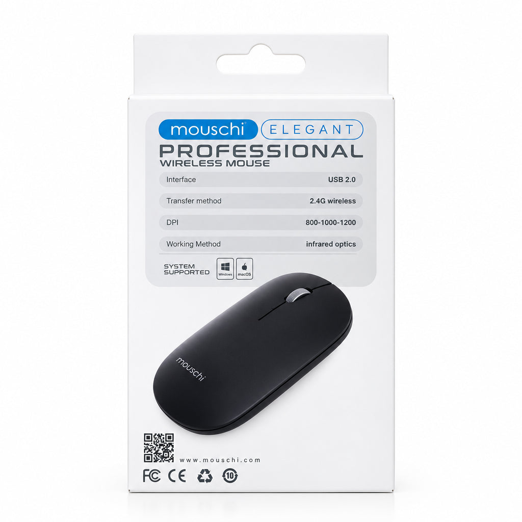 Mouschi Elegant Professional Wireless Mouse – Black Ergonomic 2.4G Optical Computer Mouse