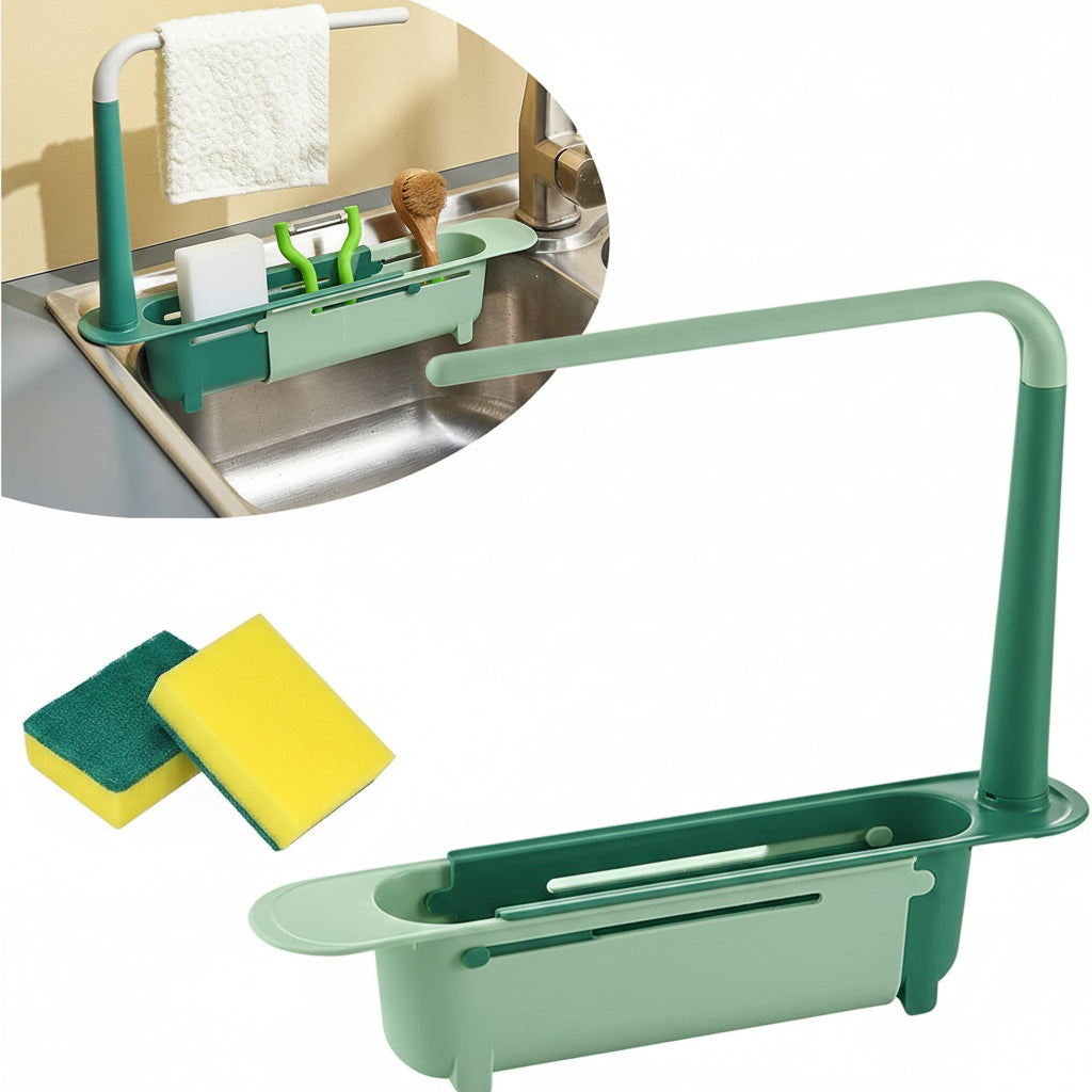 Telescopic Kitchen Sink Organizer – Expandable Storage Rack with Sponge Holder and Towel Hanger Rail