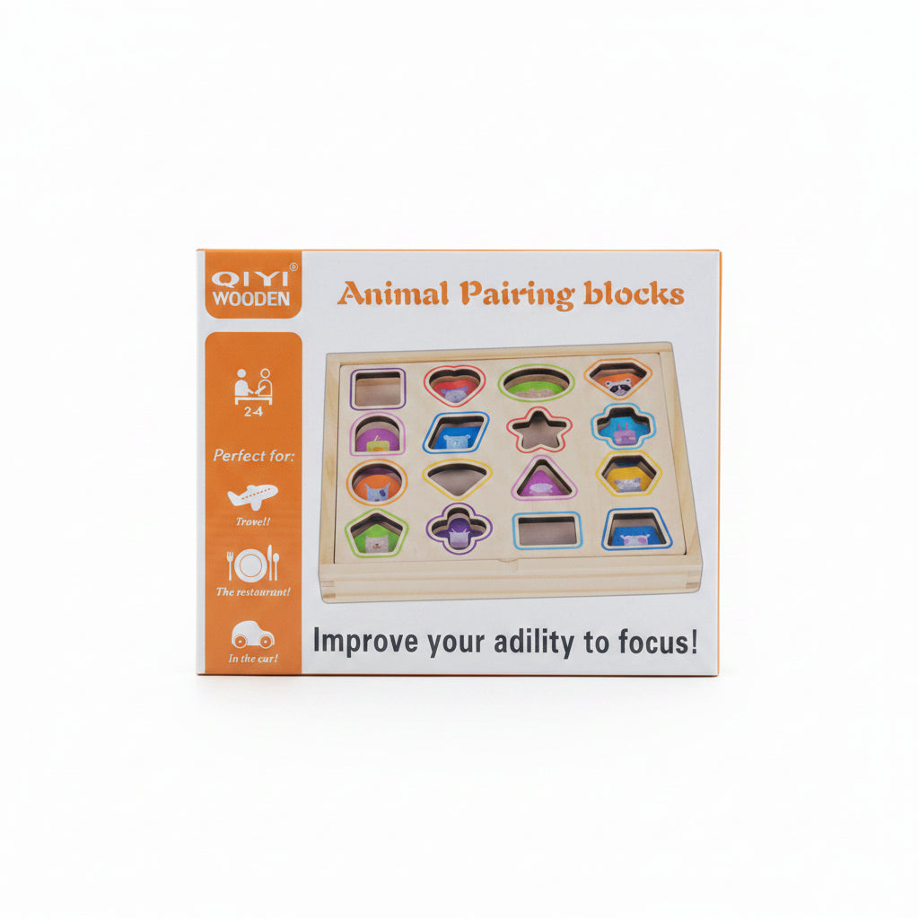 QIYI Wooden Animal Pairing Blocks - 16-Hole Geometric Shape Sorter & Toddler Matching Puzzle, Portable Travel Educational Toy to Improve Focus for Kids