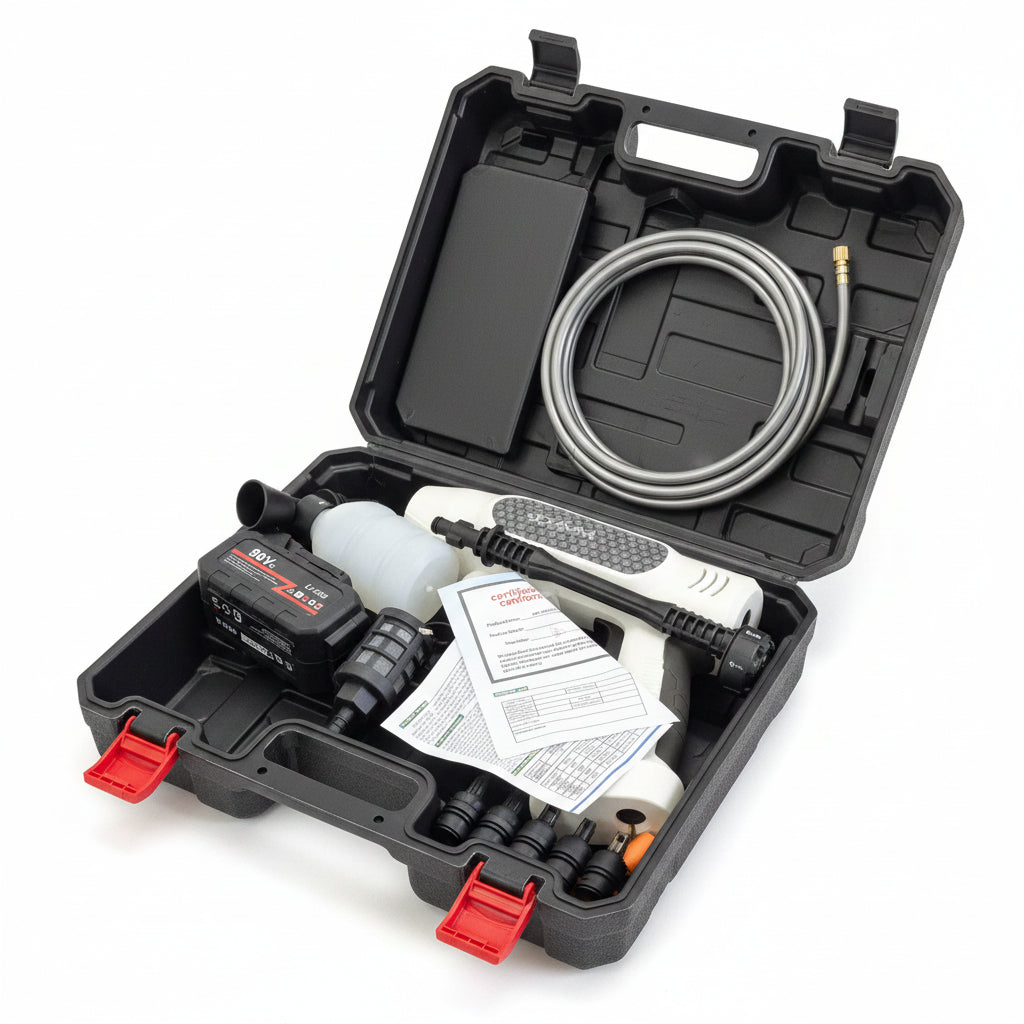 JCAMM Professional Cordless Pressure Washer Kit – 96V High-Power Portable Electric Power Cleaner with Rechargeable Li-ion Battery, Foam Cannon, Spray Nozzles, and Heavy-Duty Storage Case, Model JC-96V