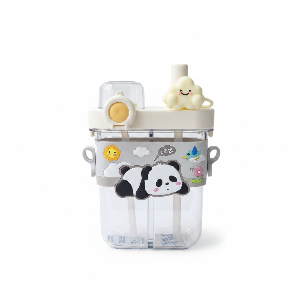 UPKTUPK 780ml Cartoon Split Warehouse Double Drink Cup - 2-in-1 Dual Compartment Water Bottle with Straw for Kids, School, and Travel - White
