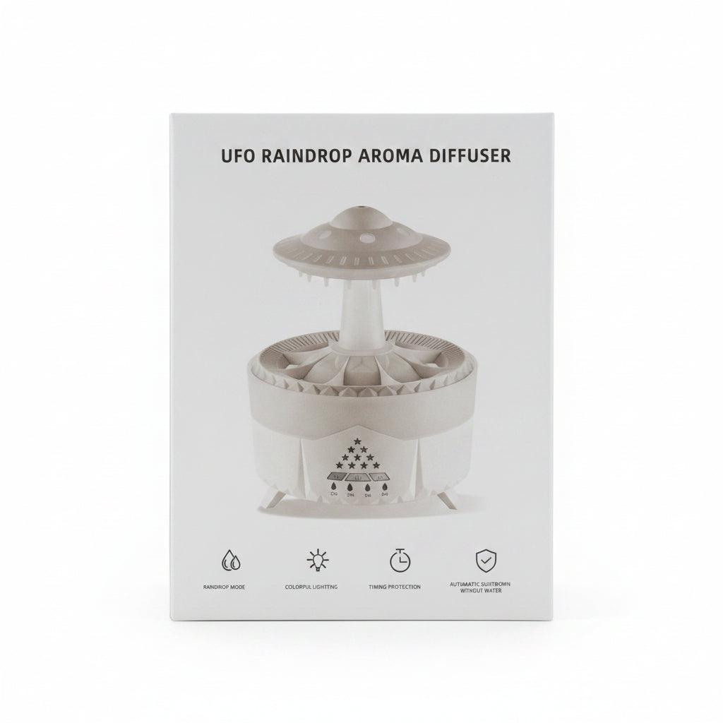 UFO Raindrop Aroma Diffuser & Essential Oil Humidifier - Ultrasonic Rain Cloud Desktop Fountain with Colorful LED Night Light & Auto-Shutoff