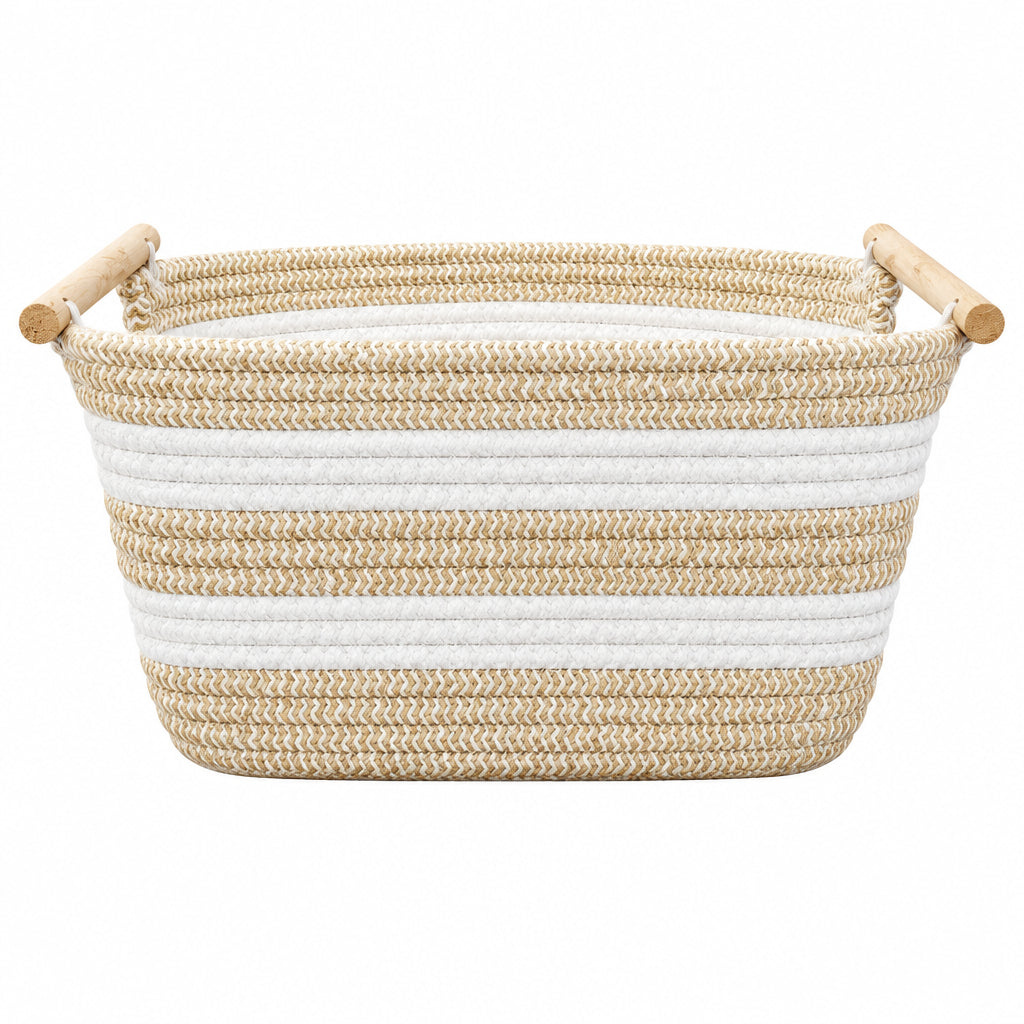 Woven Cotton Rope Storage Basket – Assorted Colors with Wooden Handles