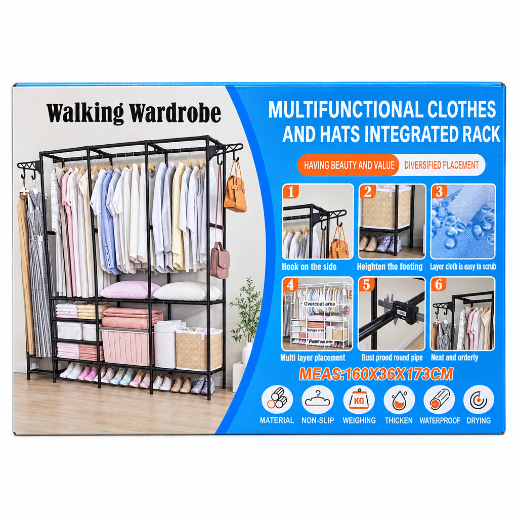 Walking Wardrobe – Multifunctional Clothes and Hats Integrated Rack (160x36x173cm)