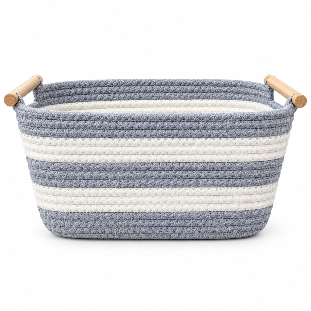 Woven Cotton Rope Storage Basket – Assorted Colors with Wooden Handles