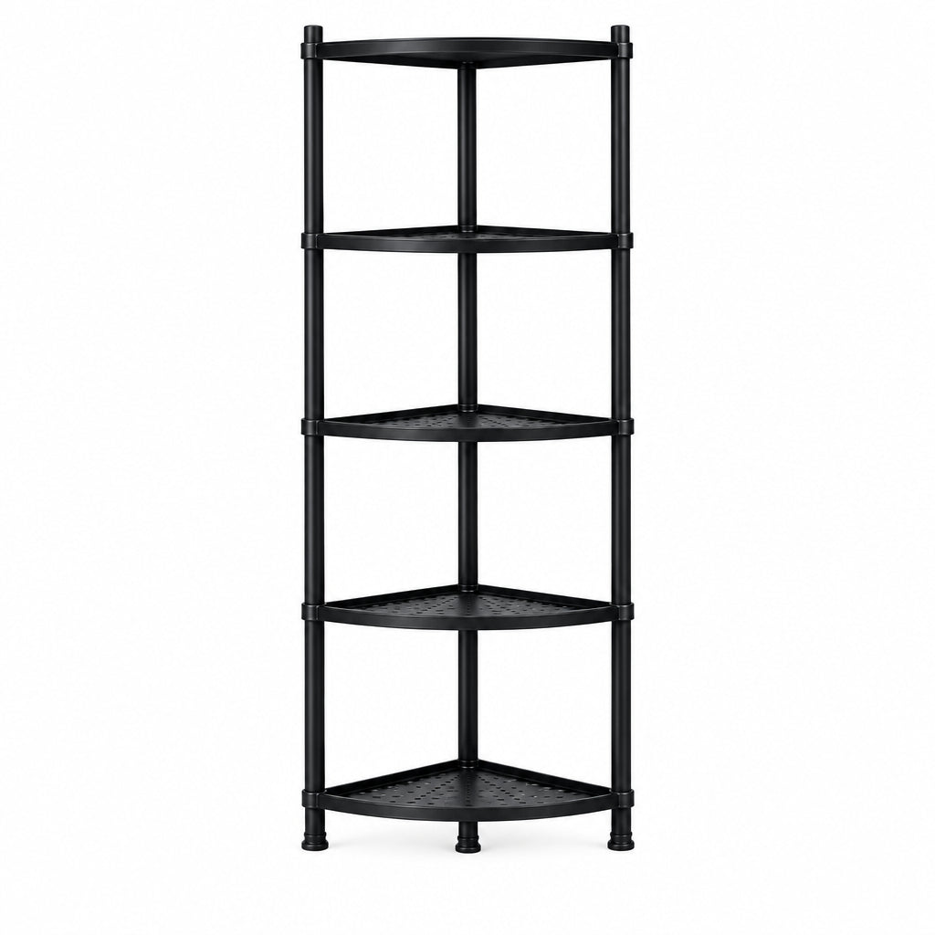 5-Tier Corner Storage Shelf – Black Vertical Kitchen and Room Organizer