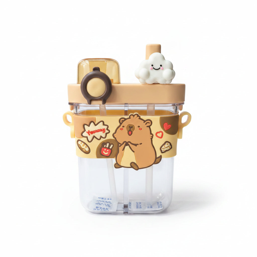 UPKTUPK 780ml Cartoon Split Warehouse Double Drink Cup - 2-in-1 Dual Compartment Water Bottle with Straw for Kids, School, and Travel - Brown