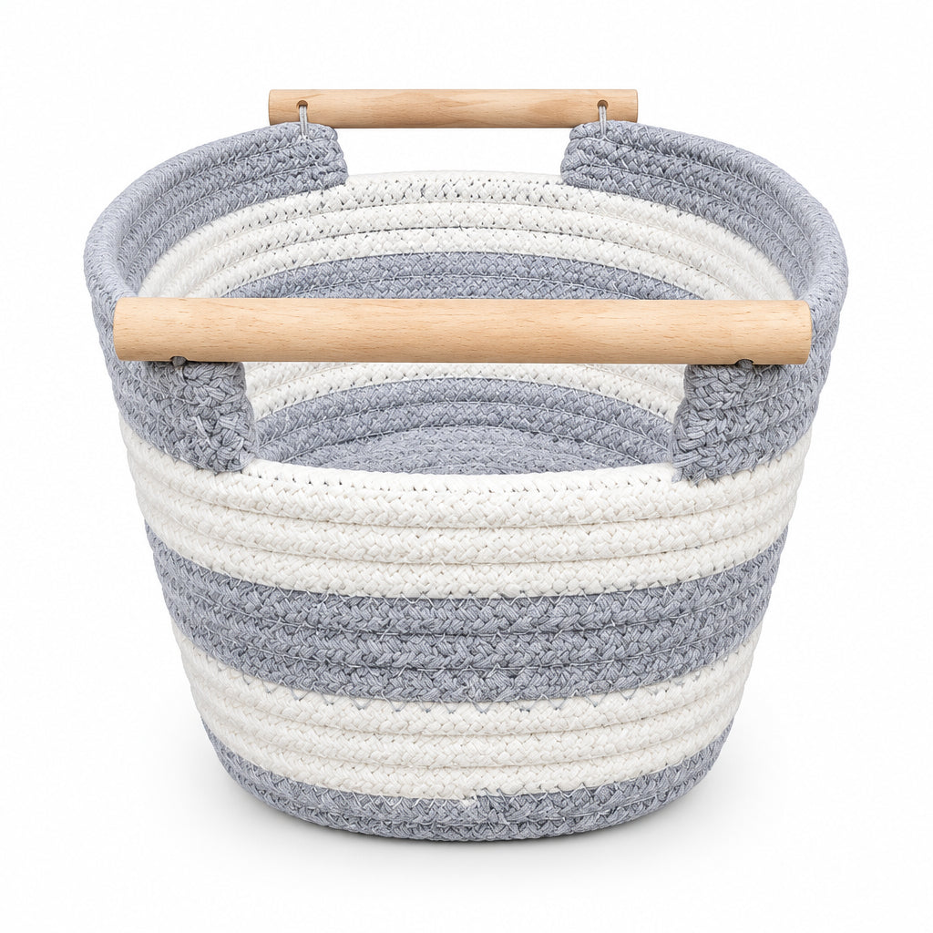 Woven Cotton Rope Storage Basket – Assorted Colors with Wooden Handles