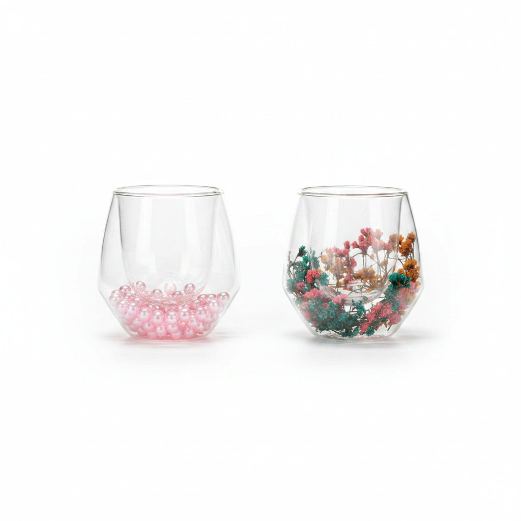 Aesthetic Double-Wall Glass Cup with Inside Dried Flowers & Pearls - Creative Insulated Borosilicate Glass Espresso, Latte & Tea Mug