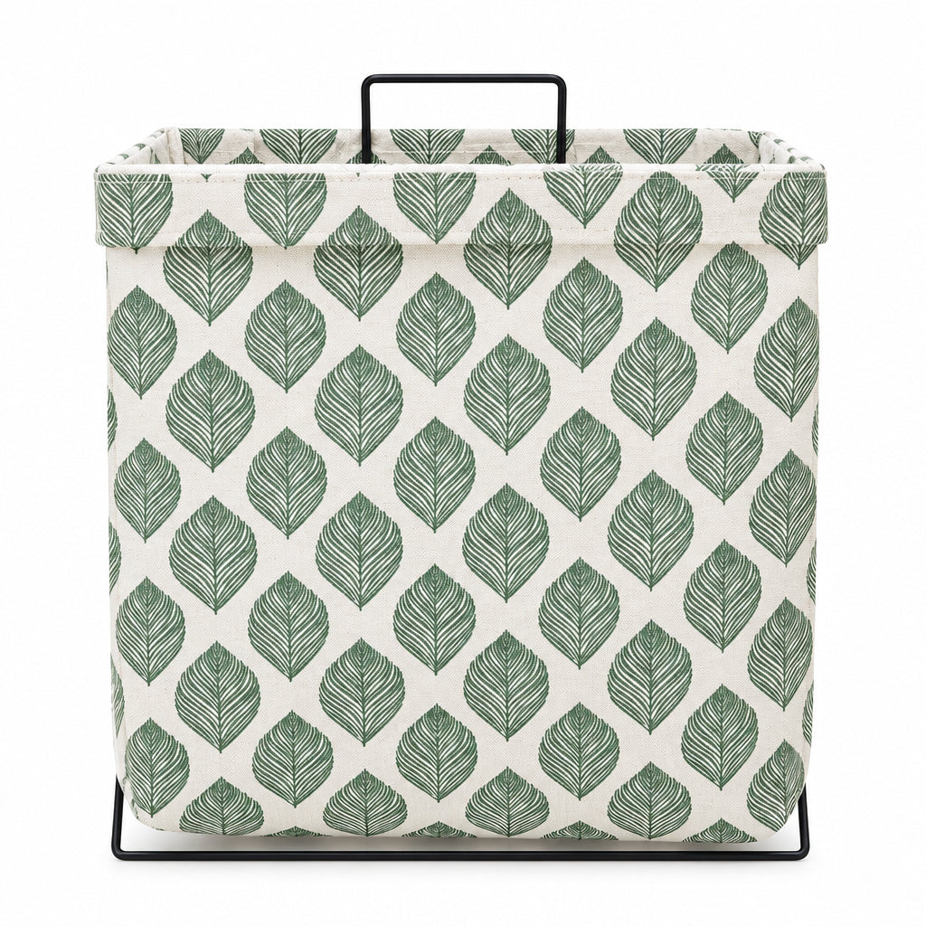 Green Leaf Print Laundry Hamper – Stand-Up Metal Frame Basket - medium