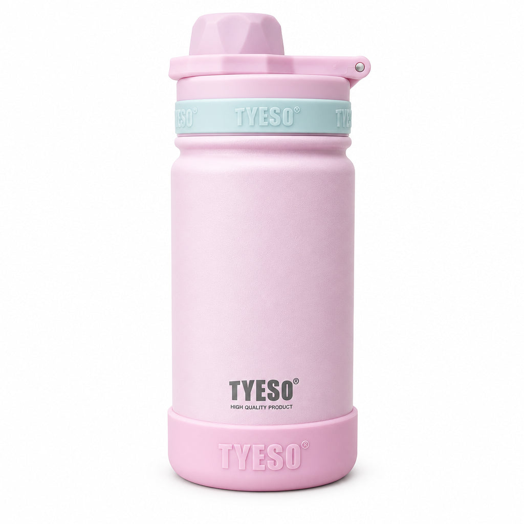 TYESO 420ml Vacuum Insulated Sports Bottle - Double-Wall Stainless Steel Water Thermal Flask with Straw Lid & Anti-Slip Protective Silicone Base for Kids & School
