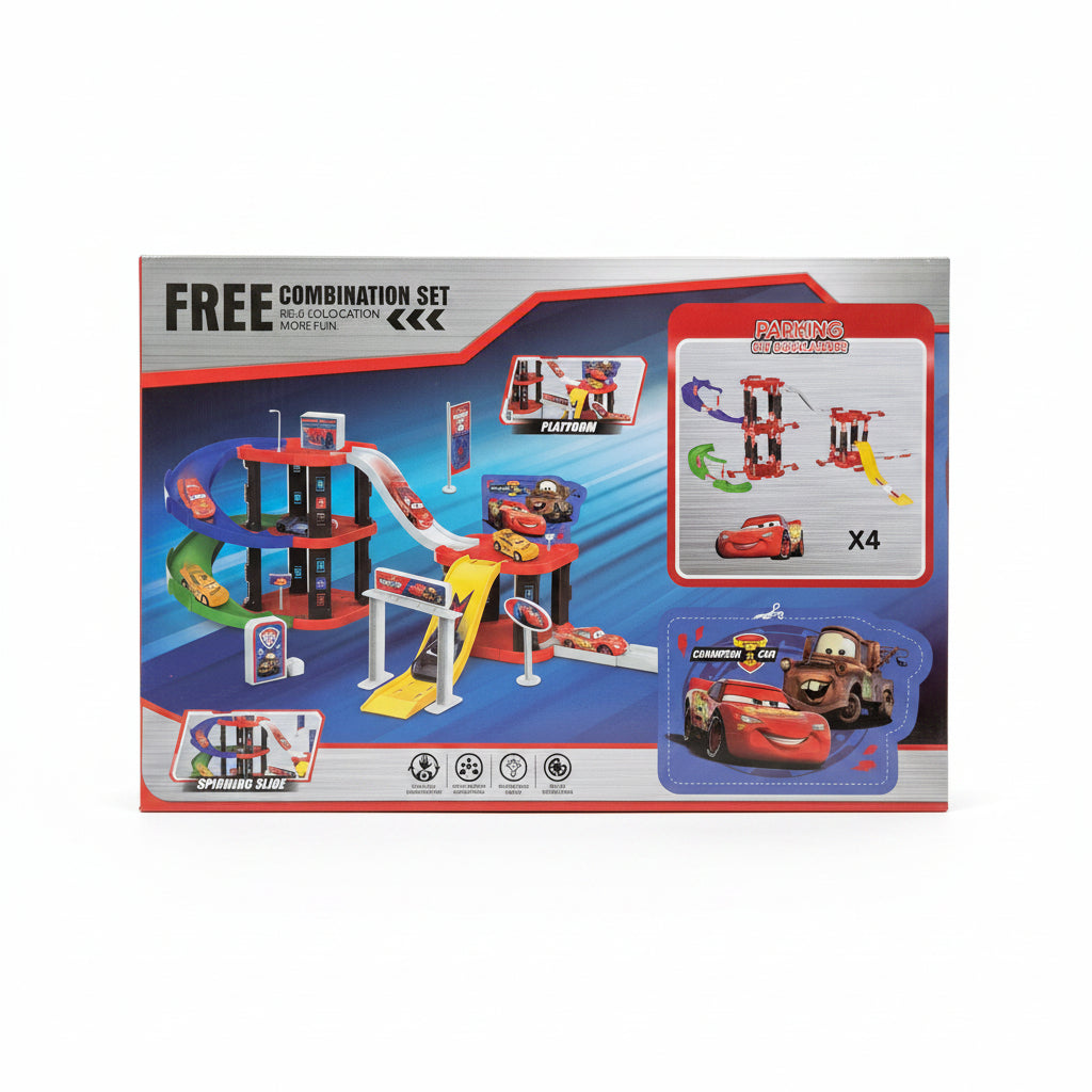 Multi-Level City Parking Garage & Racetrack Play Set. Free Combination Toy Car Track with 4 Vehicles