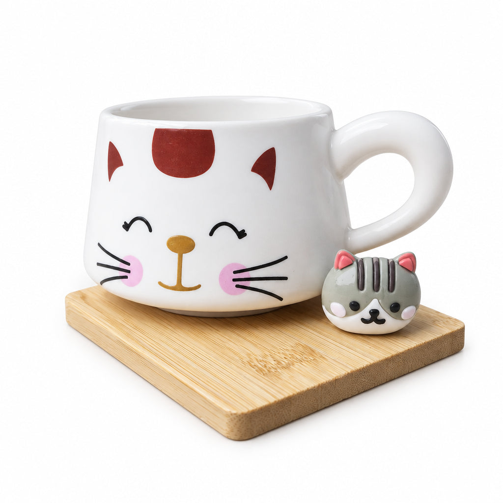 Cat-Themed Ceramic Mug Set with Wooden dish and Golden Spoon