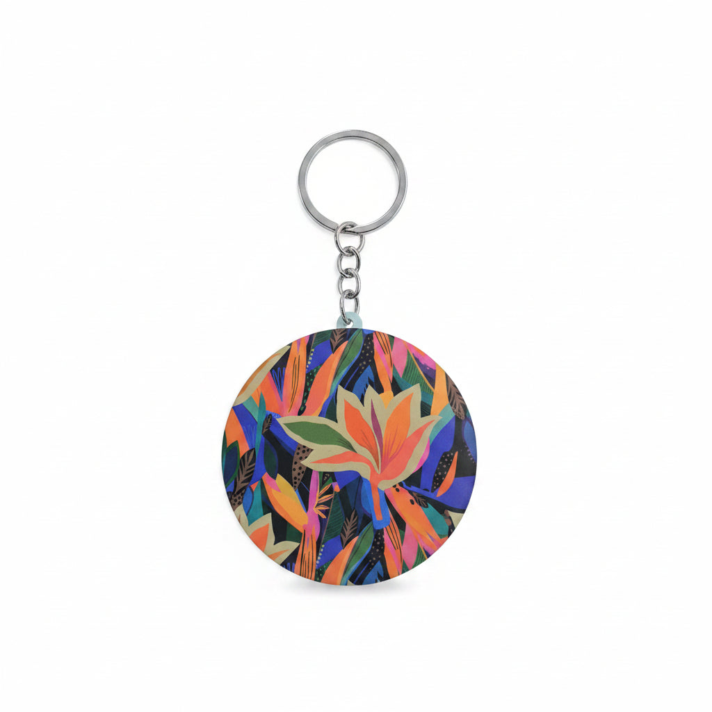 Round Tropical Floral Pocket Mirror Keychain – Compact Portable Makeup Mirror & Handbag Charm