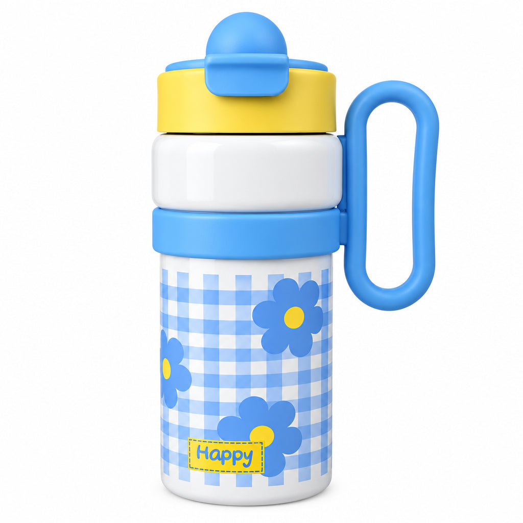 Warm Company 900ml Insulated Vacuum Mug with Handle. Kawaii Cherry Plaid Thermal Travel Tumbler & Straw Bottle