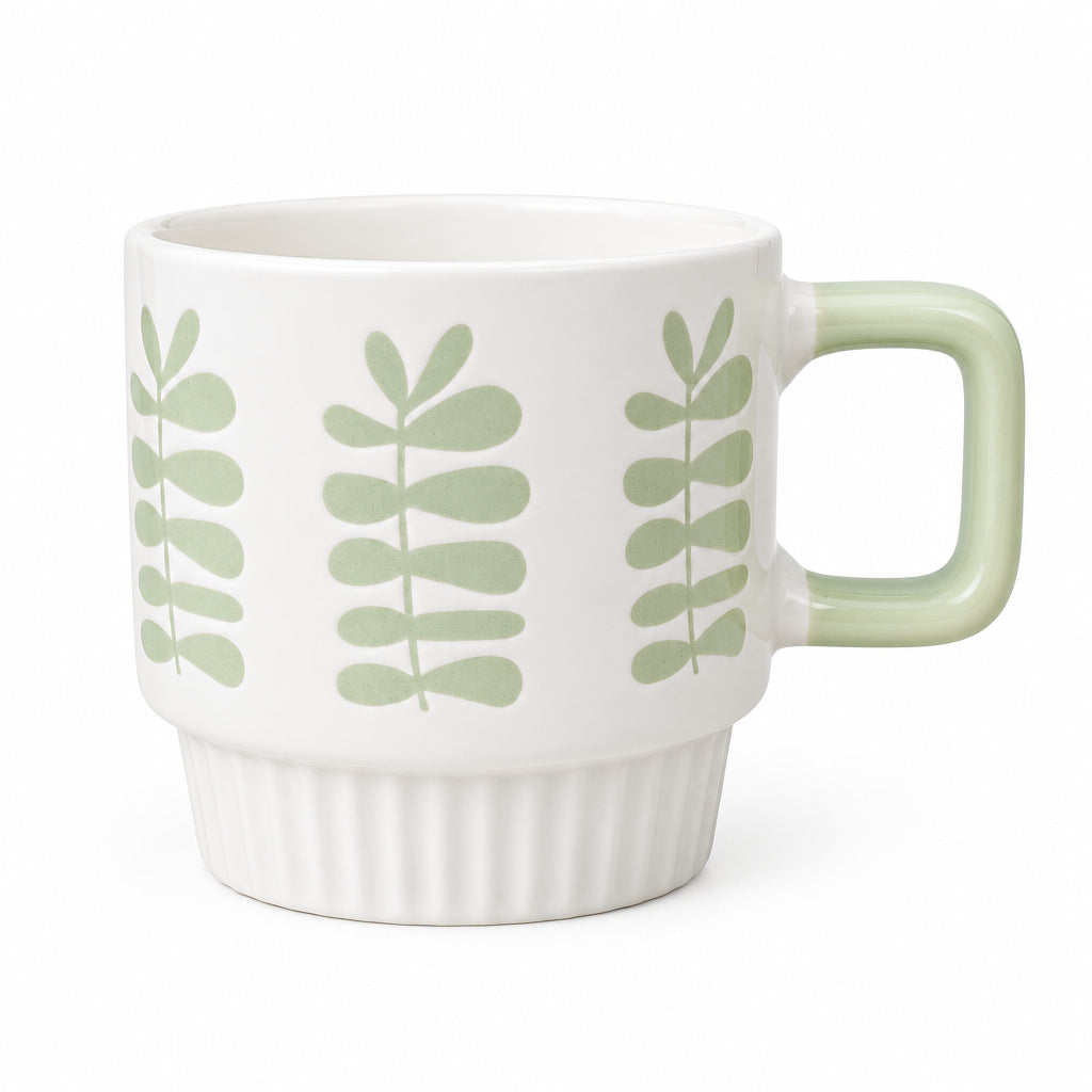Saida Scandinavian Stackable Botanical Ceramic Mug - Nordic Matte Espresso & Cappuccino Cup, Space-Saving Ribbed Base Single Coffee Mug with Handle tree-lined