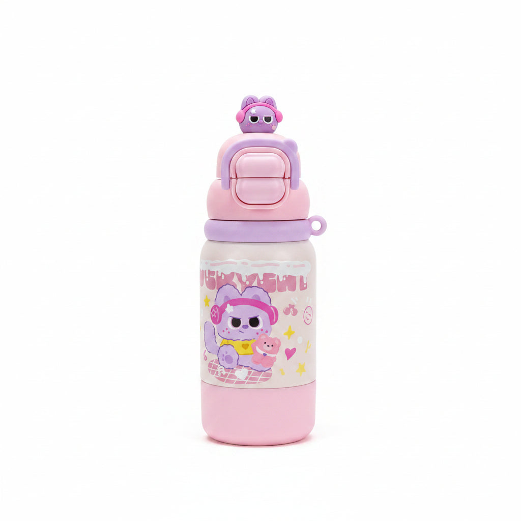 Cartoon Stainless Steel Kids Water Bottle with Built-in Cup 500ml - Pink