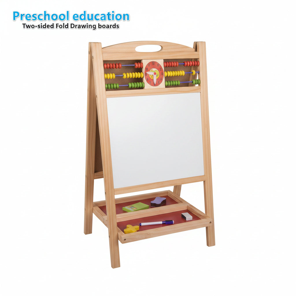 Wooden 2-in-1 Educational Learning Easel - Two-Sided Foldable Drawing Board with Built-In Math Abacus and Teaching Clock, Preschool Art & Activity Center for Kids
