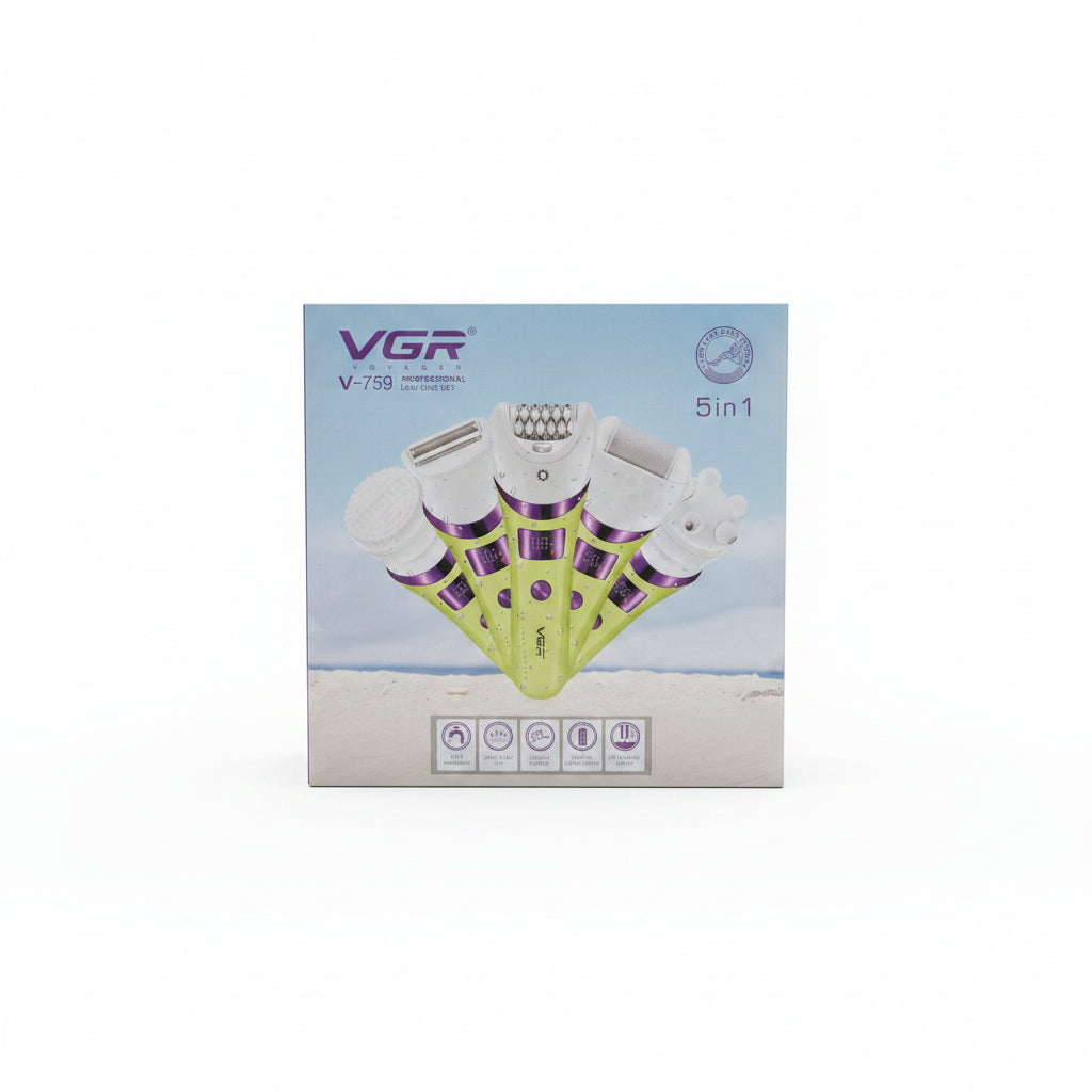 VGR V-759 5-in-1 Professional Lady Care Set - Waterproof Electric Epilator, Shaver, Facial Massager & Callus Remover with Smart Digital LED Display