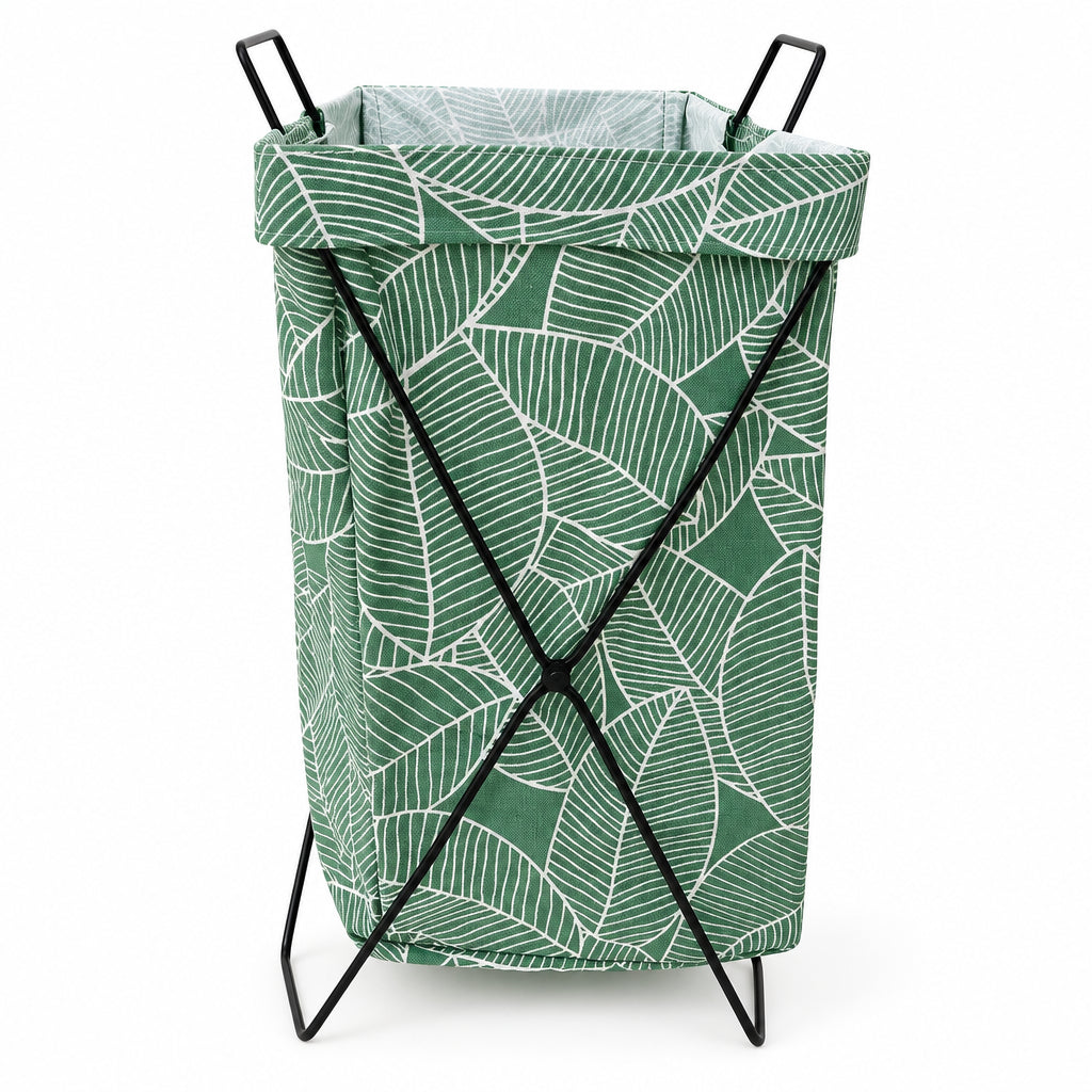 Green Leaf Print Laundry Hamper – Stand-Up Metal Frame Basket - medium
