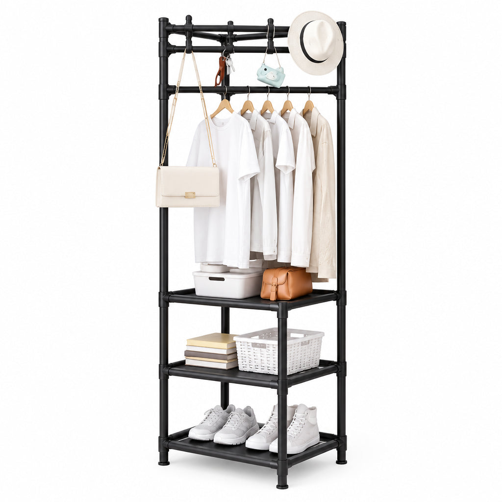 3-in-1 Multi-Functional Corner Coat Rack – Space-Saving 3-Tier Storage Shelves & Hanging Rail