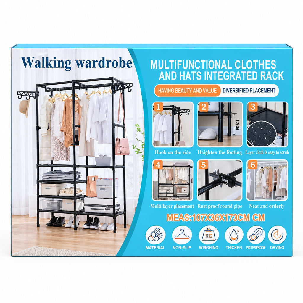 Walking Wardrobe – Multifunctional Clothes and Hats Integrated Rack (107x36x173cm)