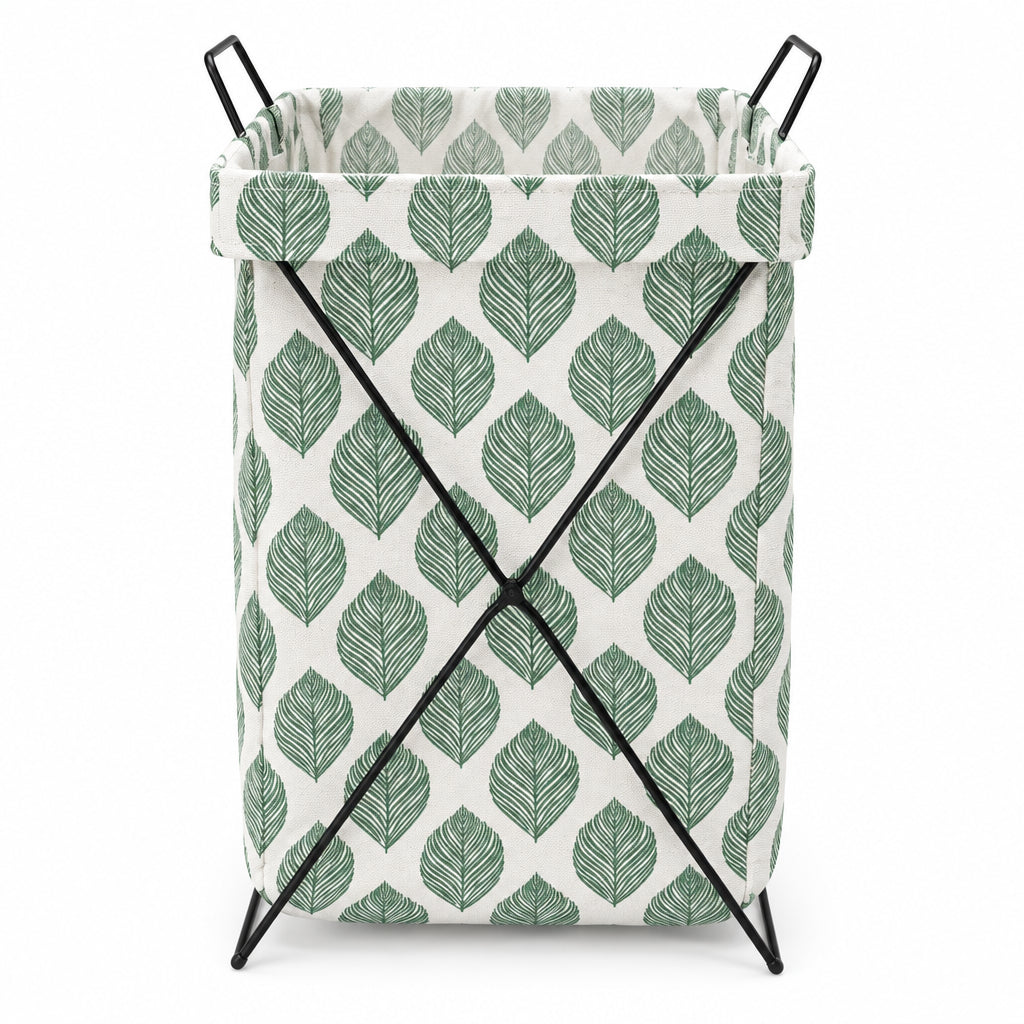 Green Leaf Print Laundry Hamper – Stand-Up Metal Frame Basket - medium