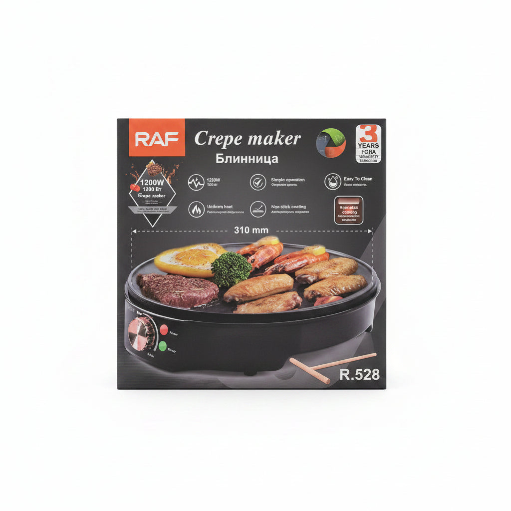 RAF Premium Electric Crepe Maker & Griddle – 1200W Non-Stick Countertop Hot Plate Pan with Adjustable Temperature Control, 310mm Large Cooking Surface, Model R.528