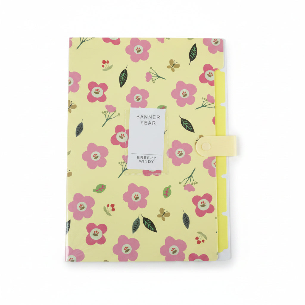 Banner Year Breezy Windy Accordion Folder – Yellow Floral Document Organizer with Snap Closure
