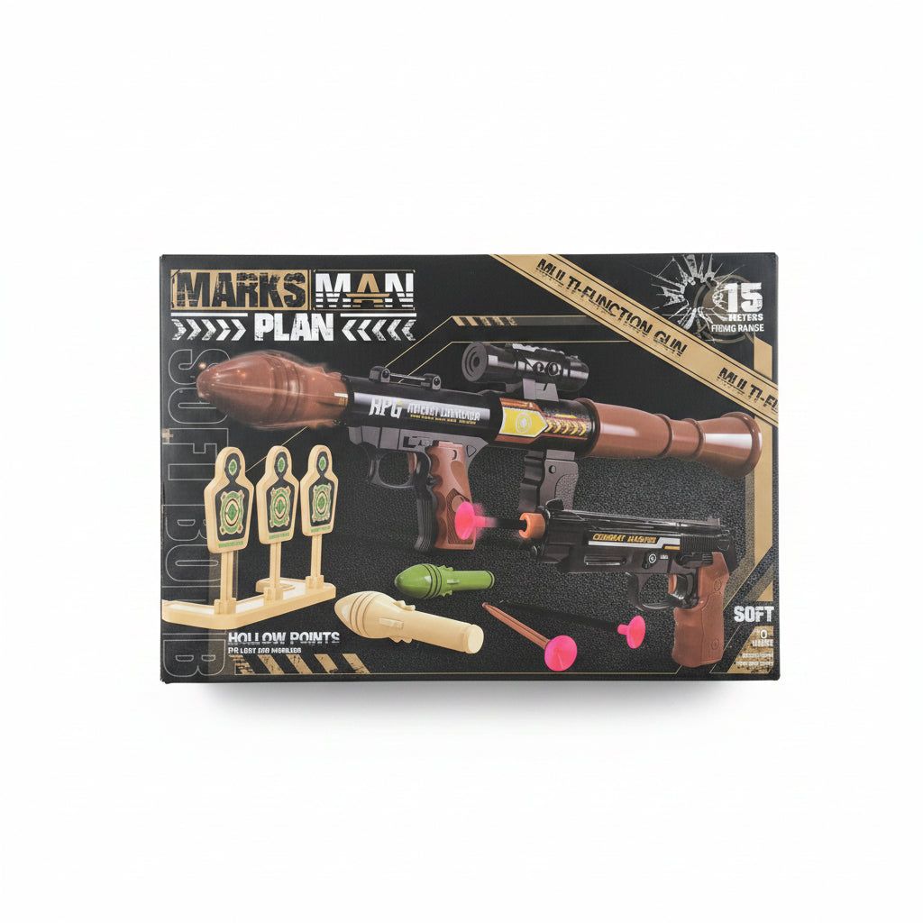 Marksman Plan 2-in-1 Tactical Blaster Set. RPG Rocket Launcher & Soft Dart Pistol Toy Combo with Targets
