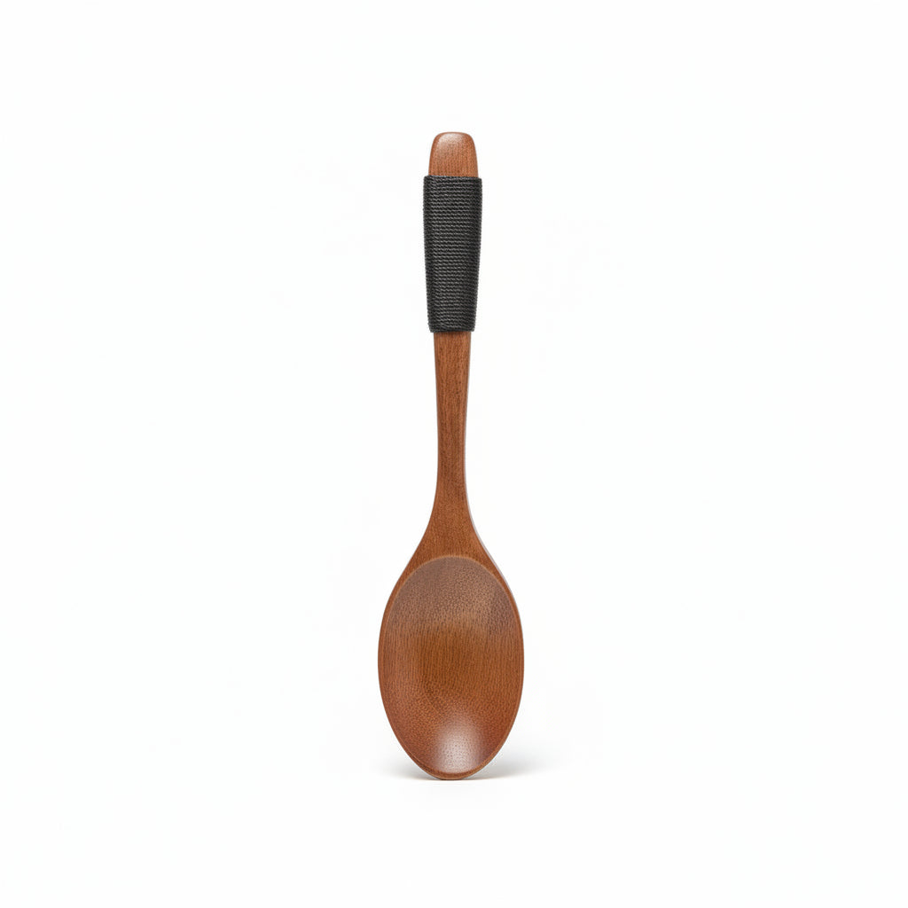 Japanese-Style Handcrafted Wooden Soup Spoon – Eco-Friendly Natural Wood Dinner Spoon with Black Thread Wrapped Handle