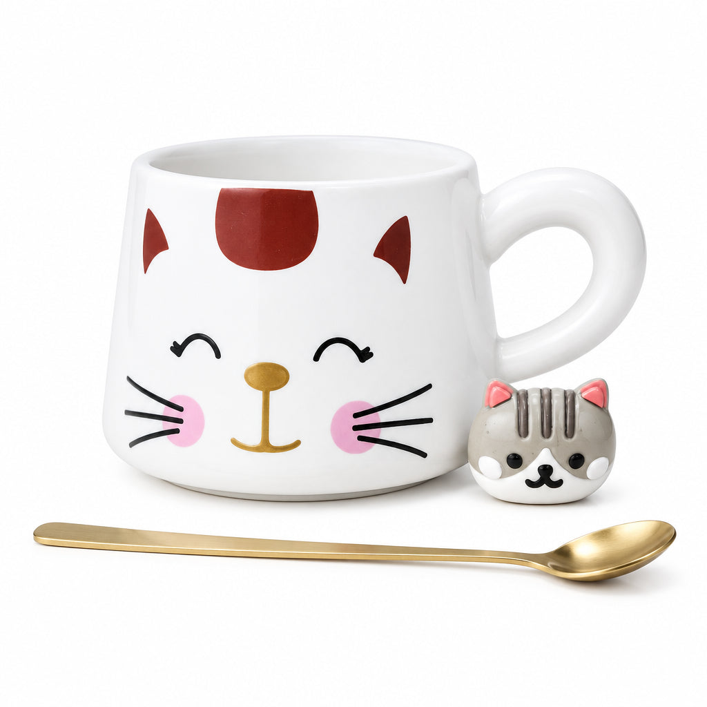 Cat-Themed Ceramic Mug Set with Wooden dish and Golden Spoon